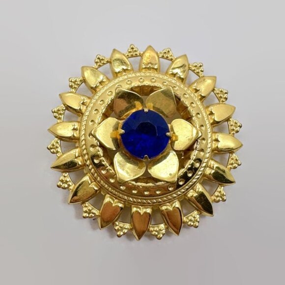 Vintage Brooch, Flower, Victorian Revival, Gold Tone, Blue Jewel, Ornate - Picture 1 of 4